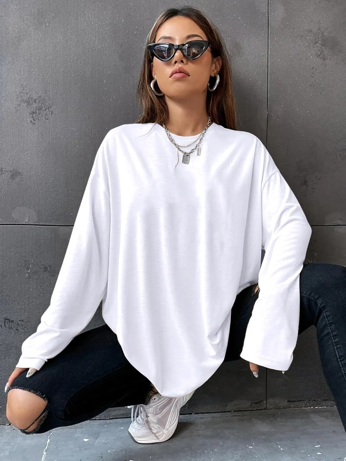 Remidoo Women's Long Sleeve Oversized Tee Crewneck Plain Drop Shoulder Pullover T Shirt