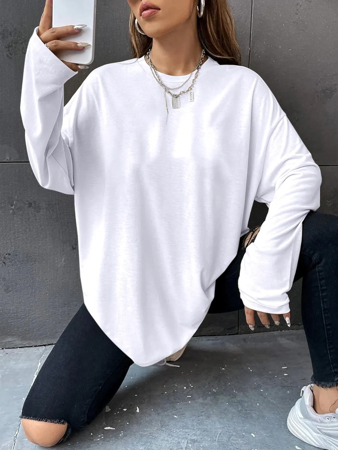 Remidoo Women's Long Sleeve Oversized Tee Crewneck Plain Drop Shoulder Pullover T Shirt