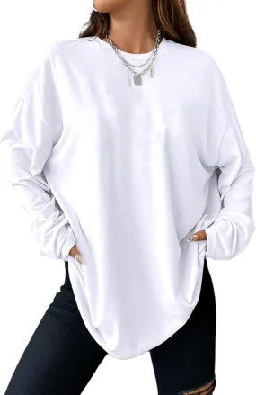 Remidoo Women's Long Sleeve Oversized Tee Crewneck Plain Drop Shoulder Pullover T Shirt