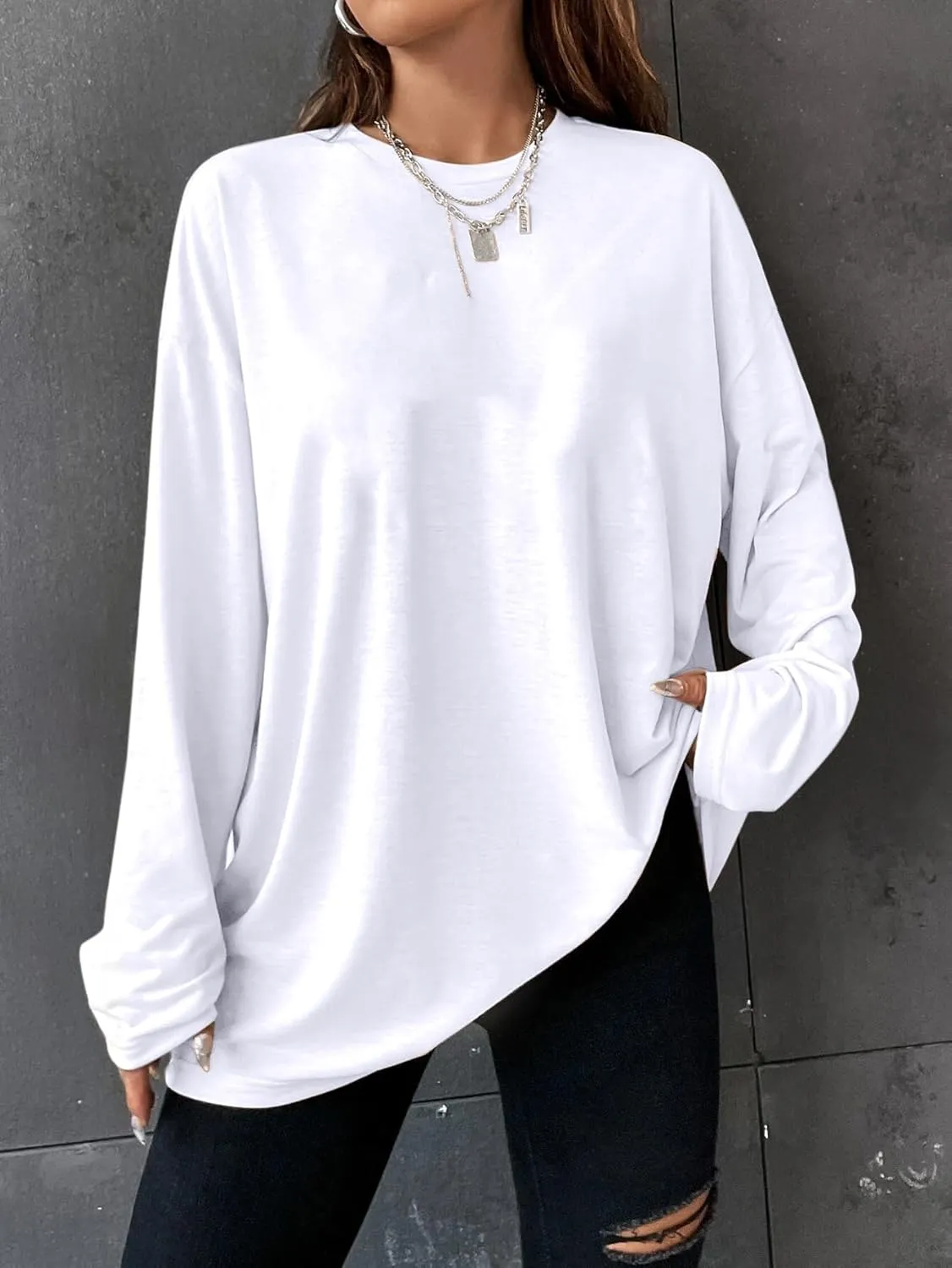 Remidoo Women's Long Sleeve Oversized Tee Crewneck Plain Drop Shoulder Pullover T Shirt