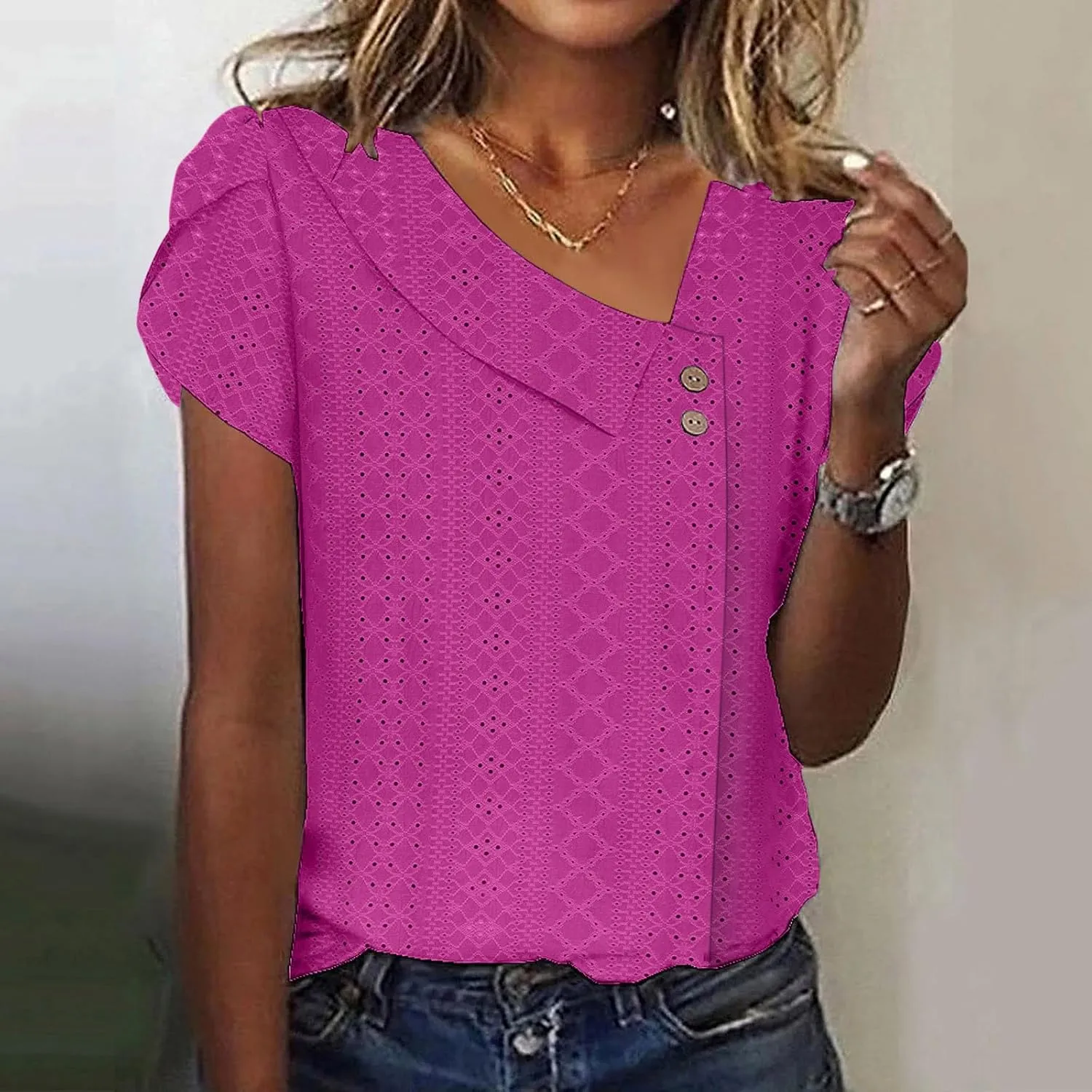 Summer Tops for Women 2025 Fashion Casual Short Sleeve Asymmetric V Neck Tees Eyelet Buttons Slim Fit Solid Shirts