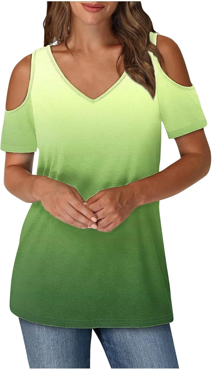 Summer Tunic Tops for Women Sexy Off-The-Shoulder Short Sleeve Shirts Trendy Gradient Color V-Neck Pullover Blouse
