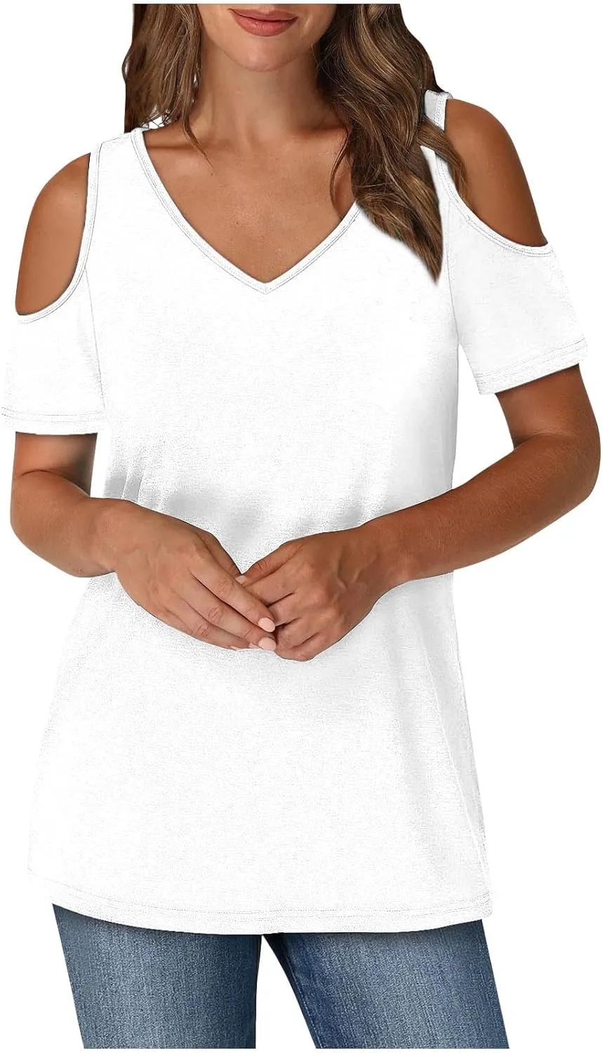 Summer Tunic Tops for Women Sexy Off-The-Shoulder Short Sleeve Shirts Trendy Gradient Color V-Neck Pullover Blouse