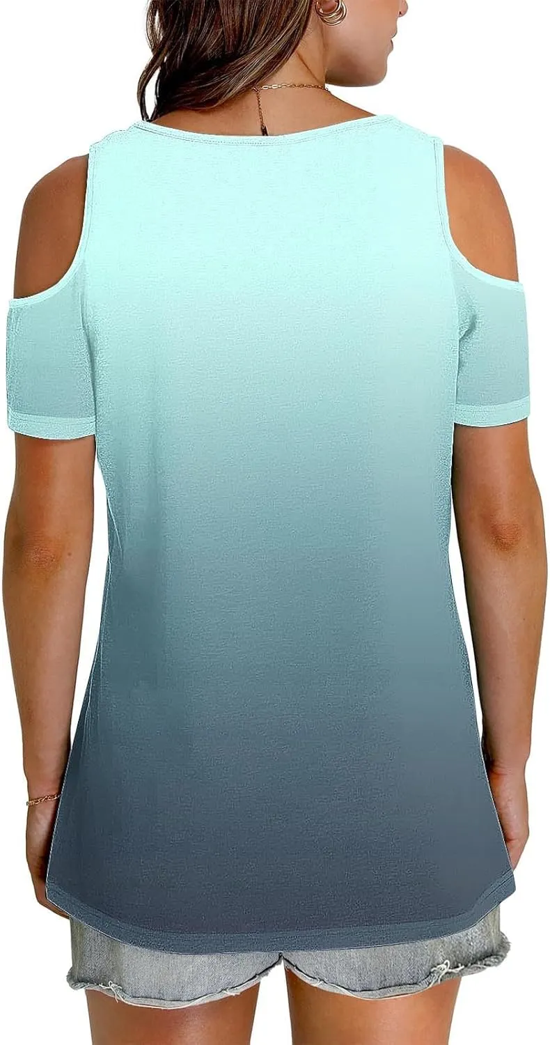 Summer Tunic Tops for Women Sexy Off-The-Shoulder Short Sleeve Shirts Trendy Gradient Color V-Neck Pullover Blouse
