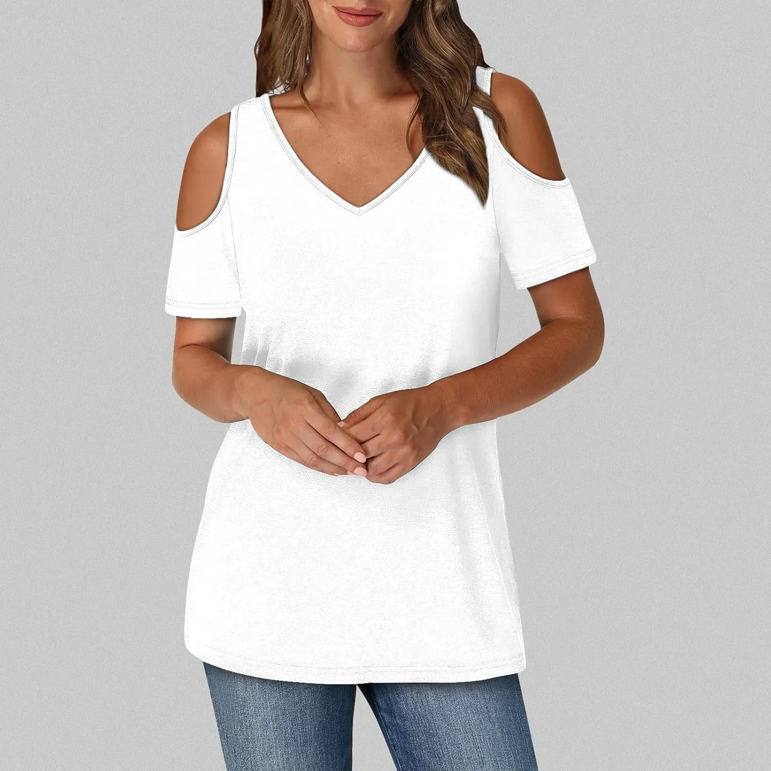 Summer Tunic Tops for Women Sexy Off-The-Shoulder Short Sleeve Shirts Trendy Gradient Color V-Neck Pullover Blouse