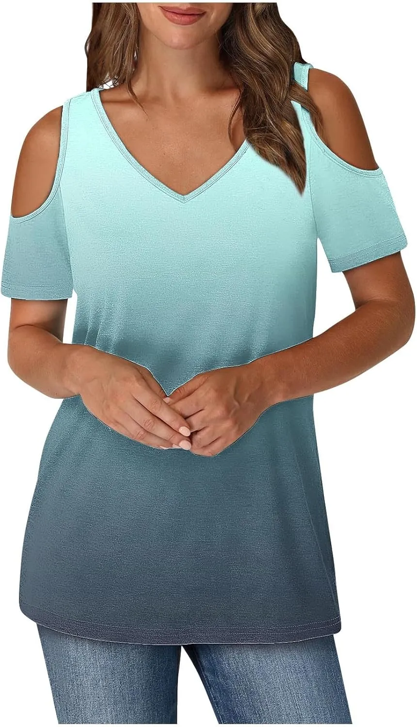 Summer Tunic Tops for Women Sexy Off-The-Shoulder Short Sleeve Shirts Trendy Gradient Color V-Neck Pullover Blouse