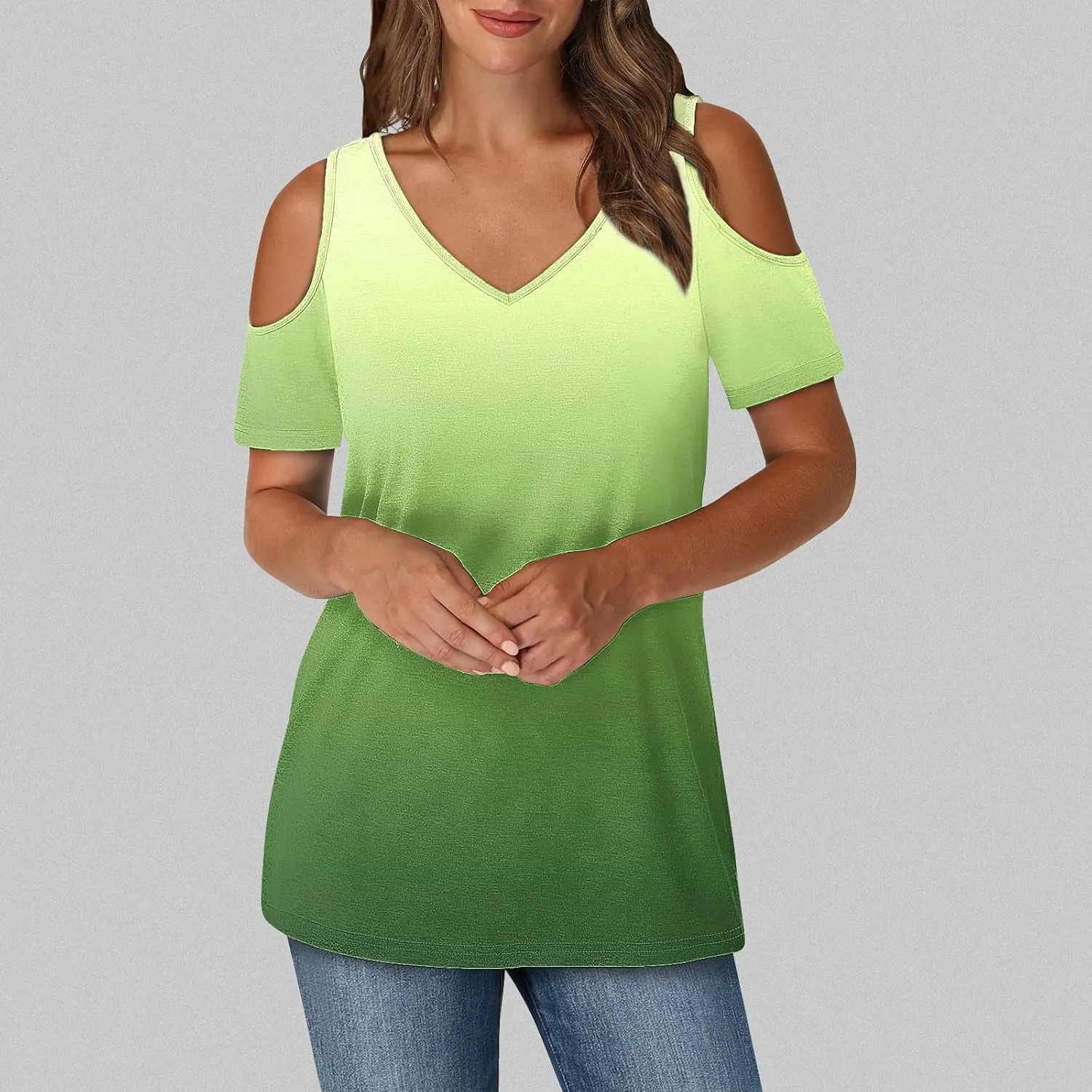 Summer Tunic Tops for Women Sexy Off-The-Shoulder Short Sleeve Shirts Trendy Gradient Color V-Neck Pullover Blouse