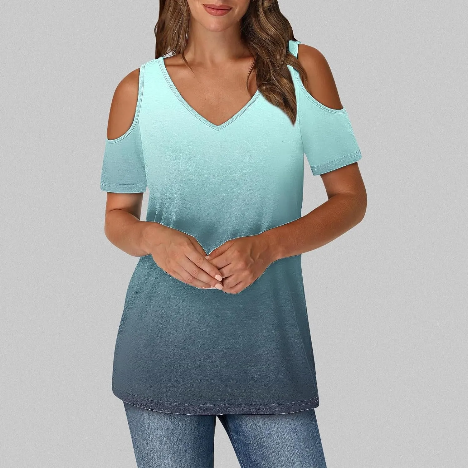 Summer Tunic Tops for Women Sexy Off-The-Shoulder Short Sleeve Shirts Trendy Gradient Color V-Neck Pullover Blouse