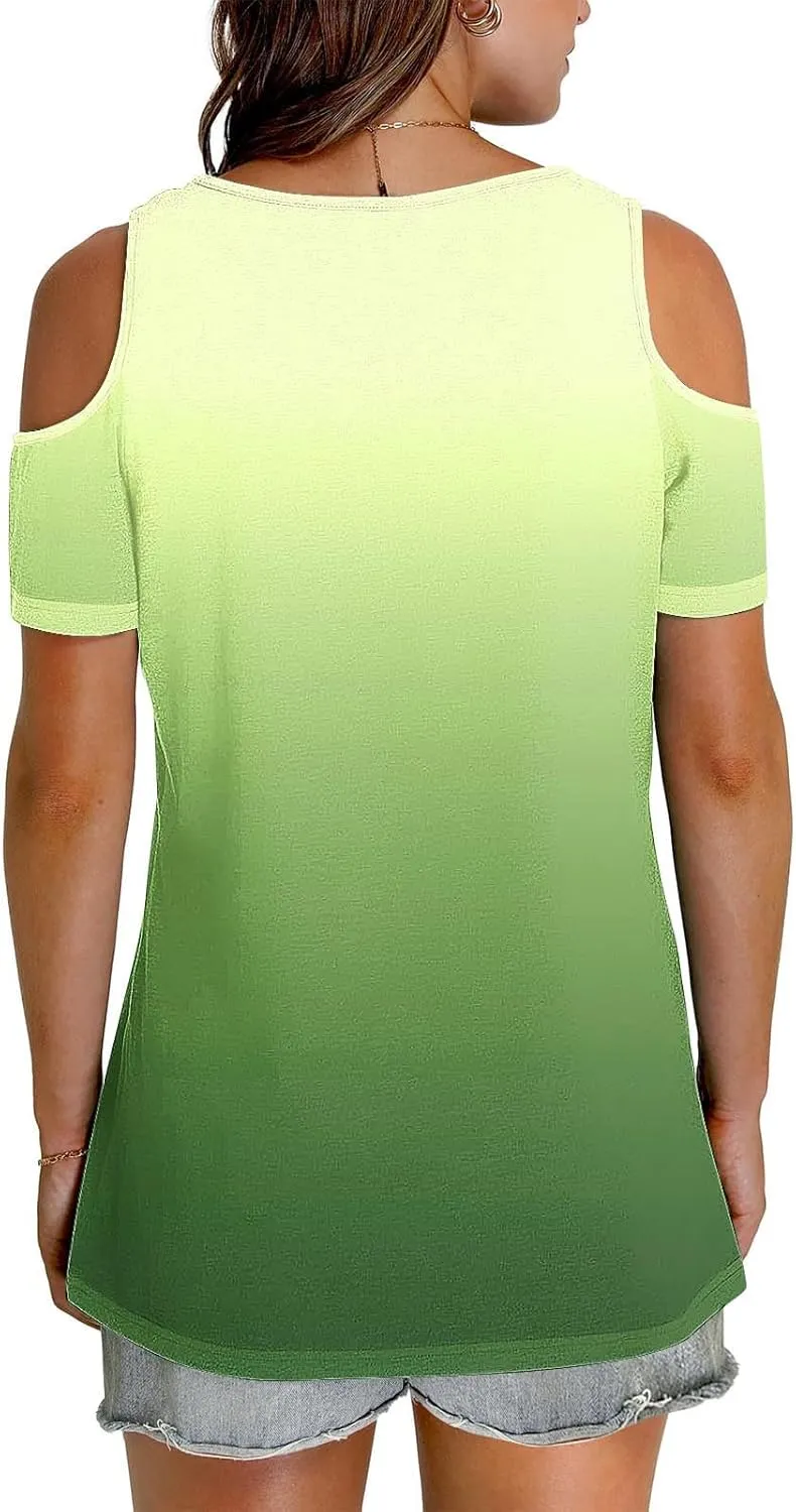 Summer Tunic Tops for Women Sexy Off-The-Shoulder Short Sleeve Shirts Trendy Gradient Color V-Neck Pullover Blouse