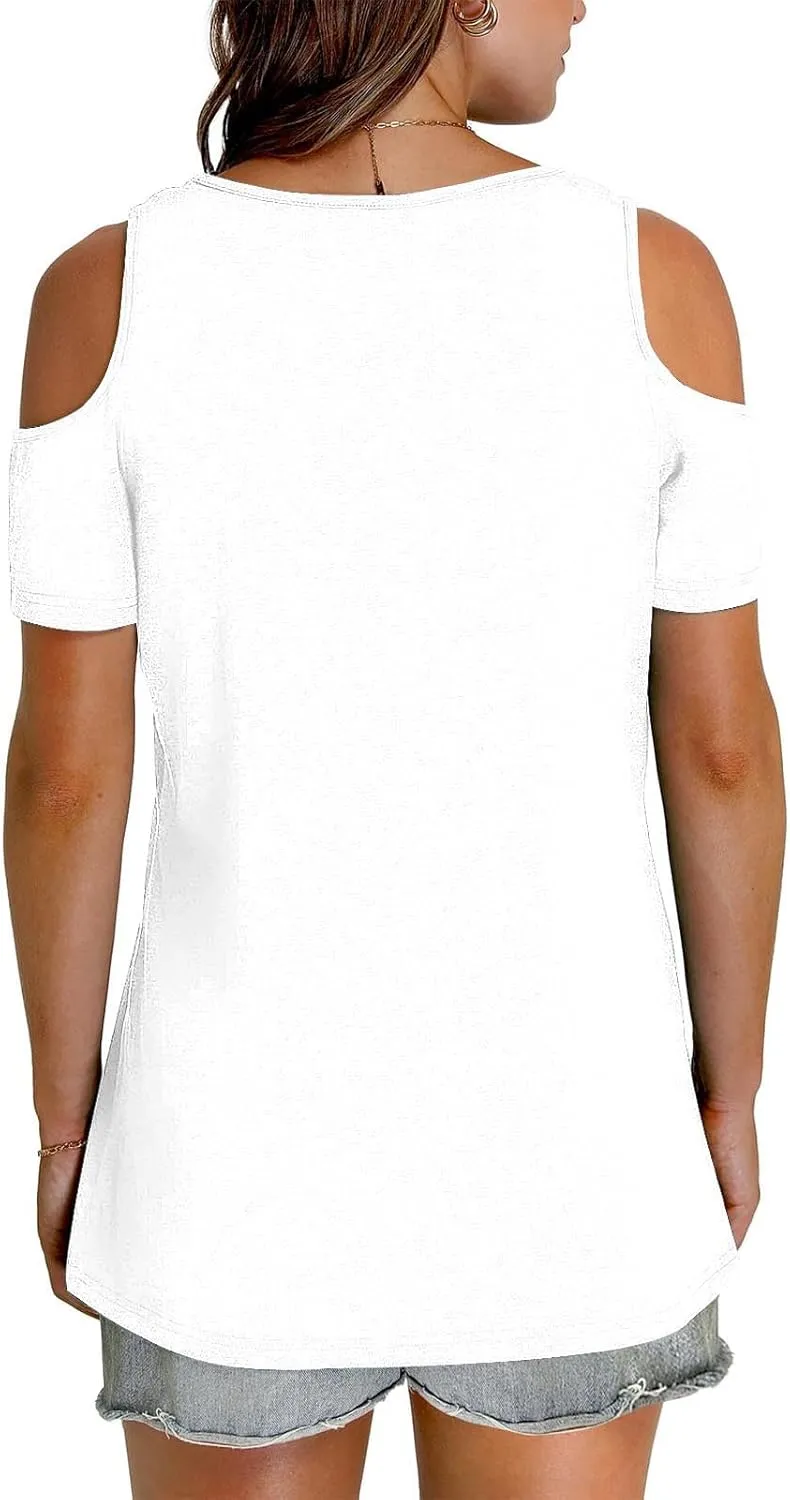 Summer Tunic Tops for Women Sexy Off-The-Shoulder Short Sleeve Shirts Trendy Gradient Color V-Neck Pullover Blouse