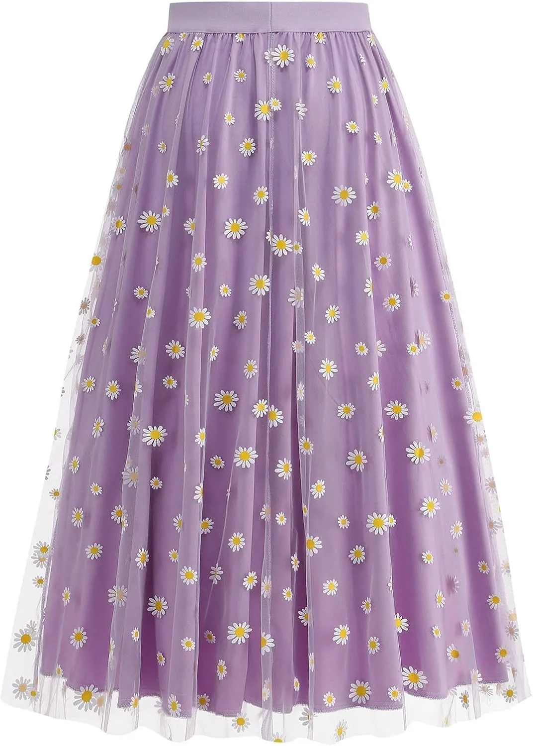 Women Daisy Embroidered Skirts Floral Mesh Casual Elastic High Waist Long Skirts Flower Swing A Line Skirts 2025