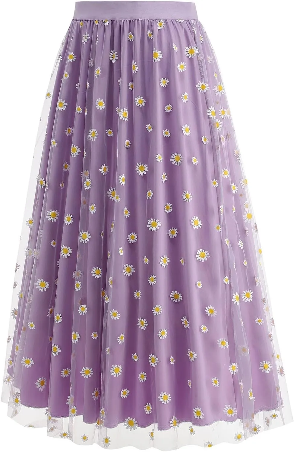 Women Daisy Embroidered Skirts Floral Mesh Casual Elastic High Waist Long Skirts Flower Swing A Line Skirts 2025