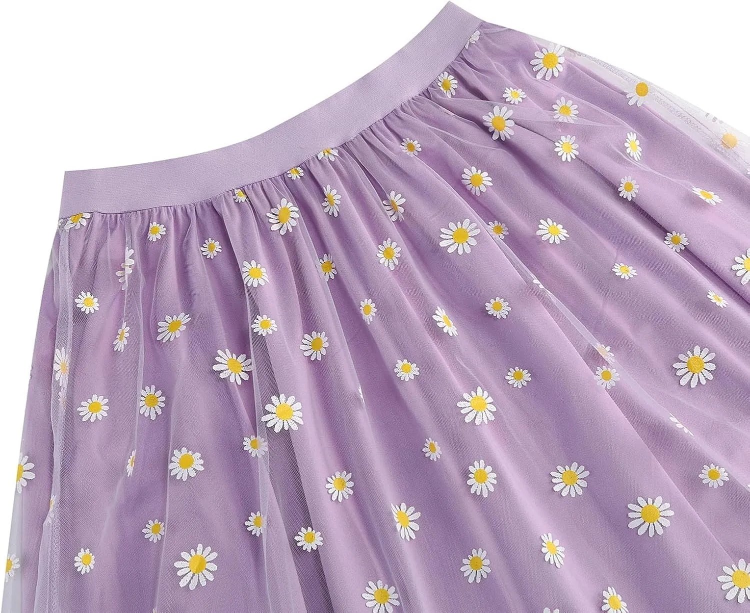 Women Daisy Embroidered Skirts Floral Mesh Casual Elastic High Waist Long Skirts Flower Swing A Line Skirts 2025