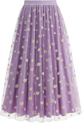 Women Daisy Embroidered Skirts Floral Mesh Casual Elastic High Waist Long Skirts Flower Swing A Line Skirts 2025