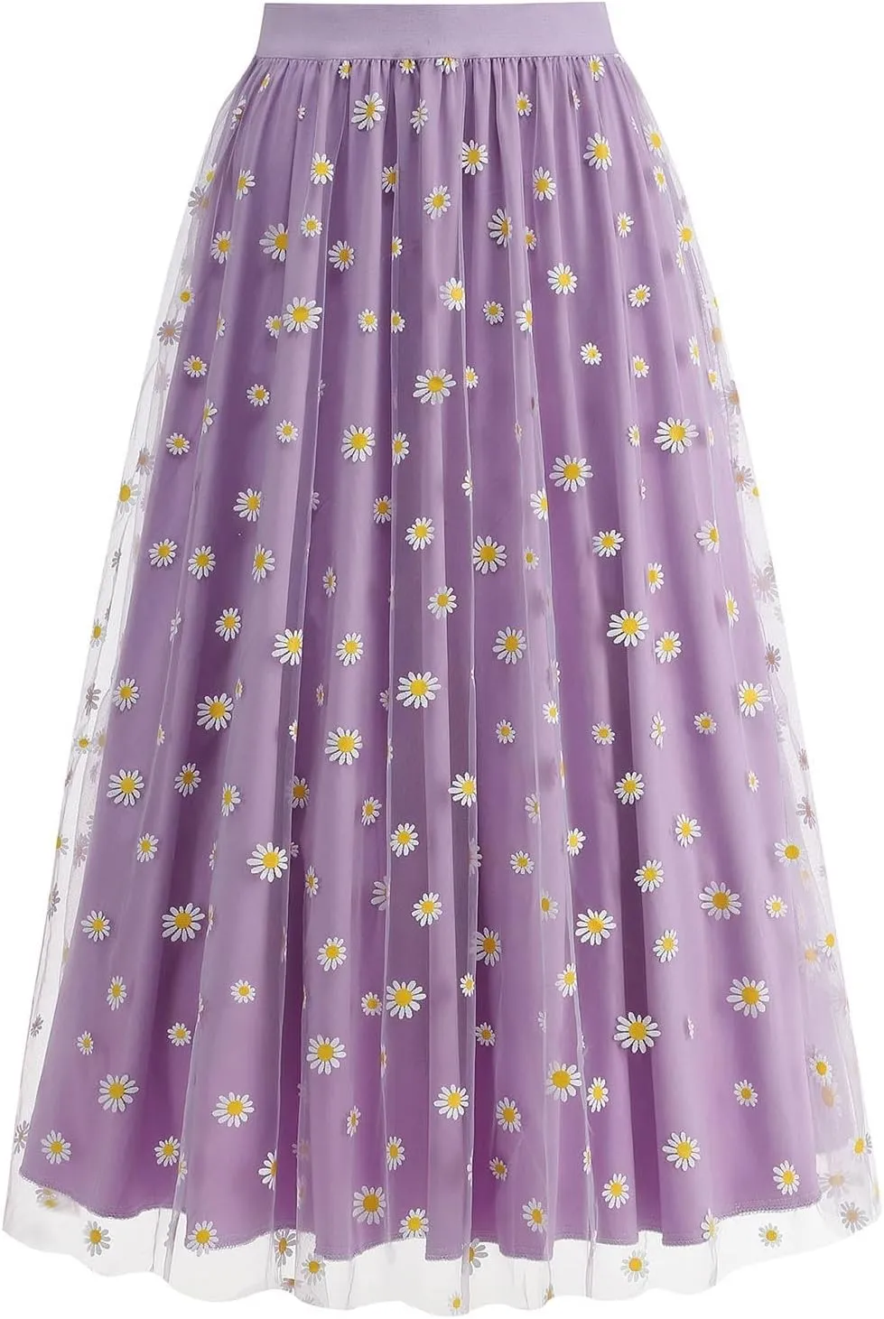 Women Daisy Embroidered Skirts Floral Mesh Casual Elastic High Waist Long Skirts Flower Swing A Line Skirts 2025