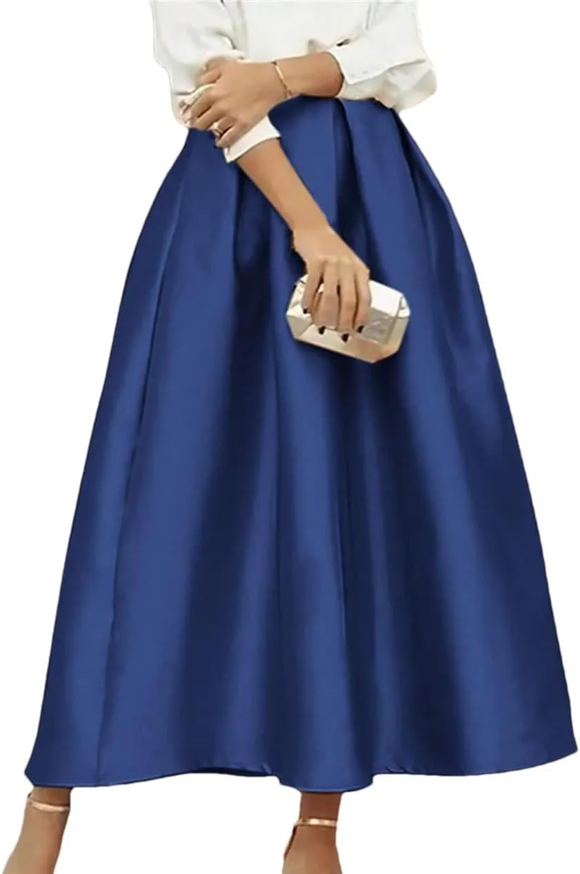 Women Elegant High Elastic Waist Satin Skirts Casual Loose Party Evening Pleated Maxi Skirts