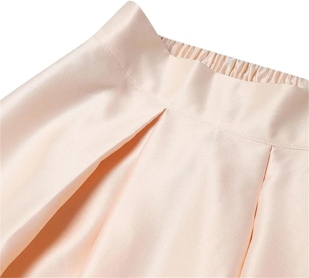 Women Elegant High Elastic Waist Satin Skirts Casual Loose Party Evening Pleated Maxi Skirts