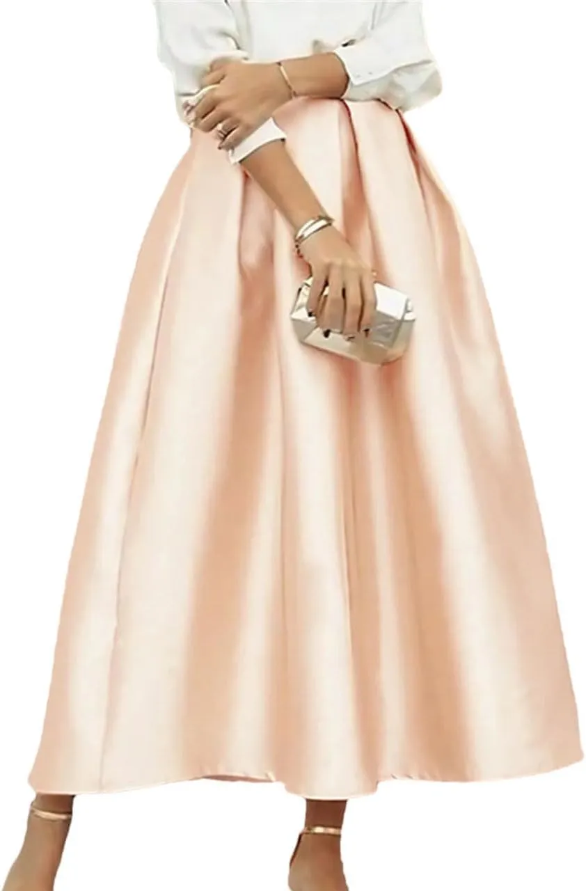 Women Elegant High Elastic Waist Satin Skirts Casual Loose Party Evening Pleated Maxi Skirts