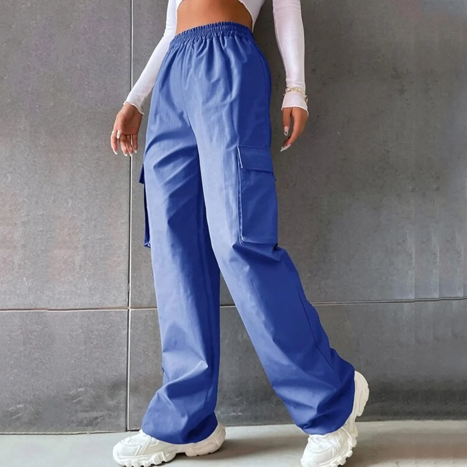 Women's Belt Less High Waisted Wide Leg Trousers Straight Leg Relaxed Style Casual Pants Ladies Slim Fit Cargo