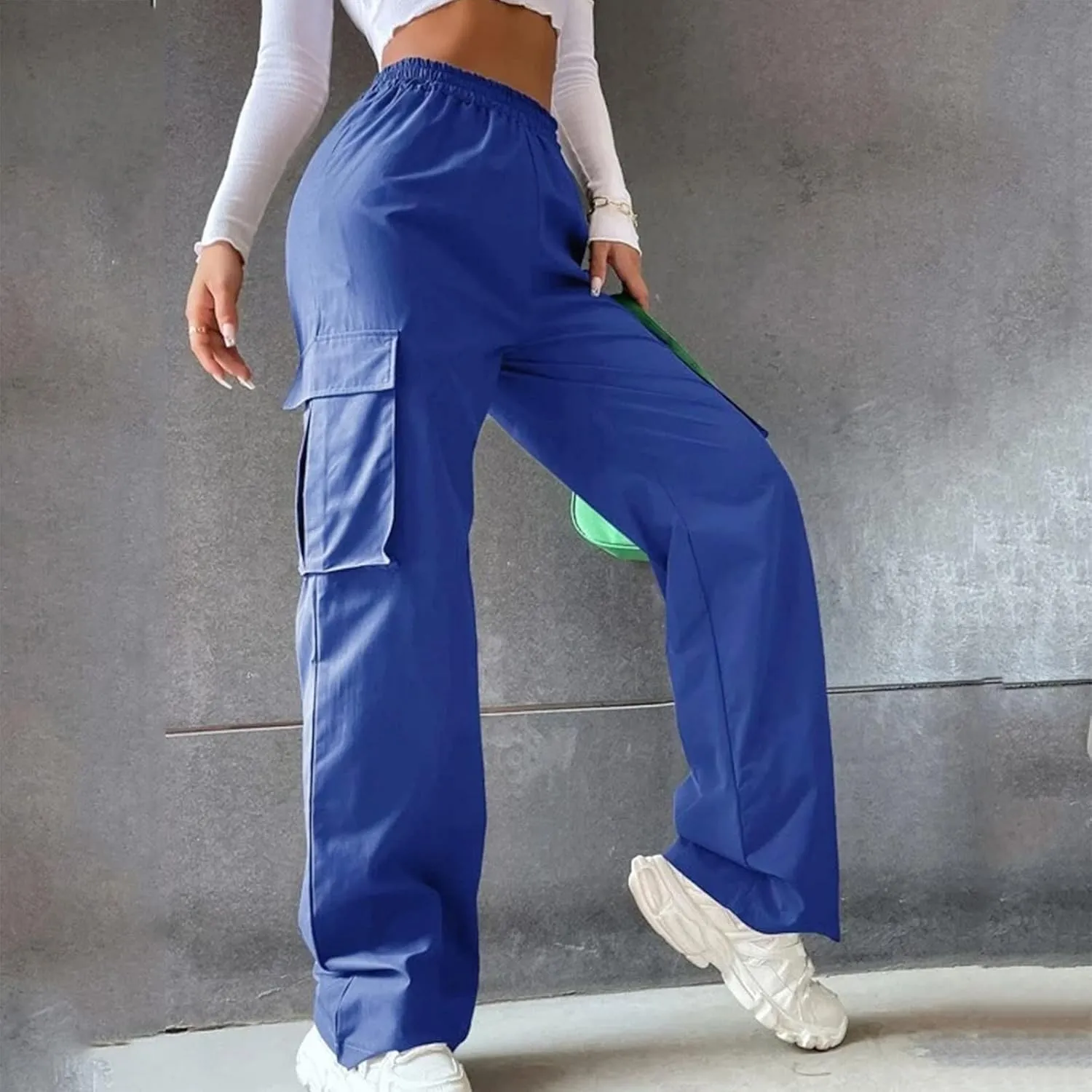 Women's Belt Less High Waisted Wide Leg Trousers Straight Leg Relaxed Style Casual Pants Ladies Slim Fit Cargo