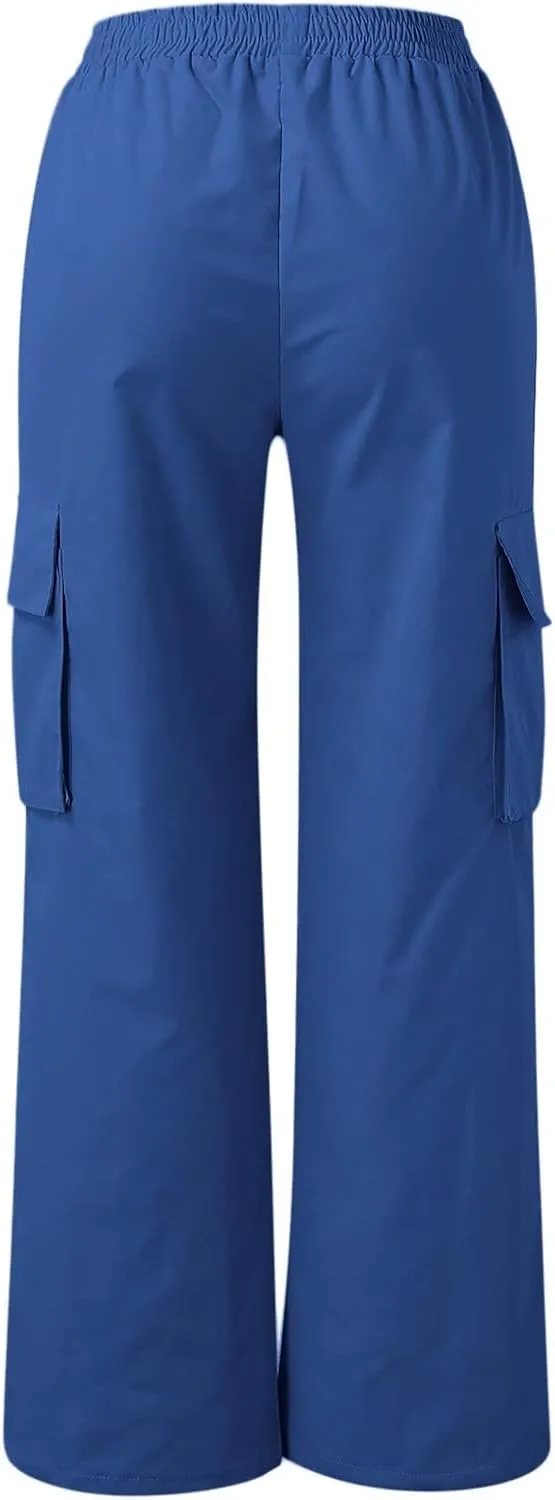 Women's Belt Less High Waisted Wide Leg Trousers Straight Leg Relaxed Style Casual Pants Ladies Slim Fit Cargo