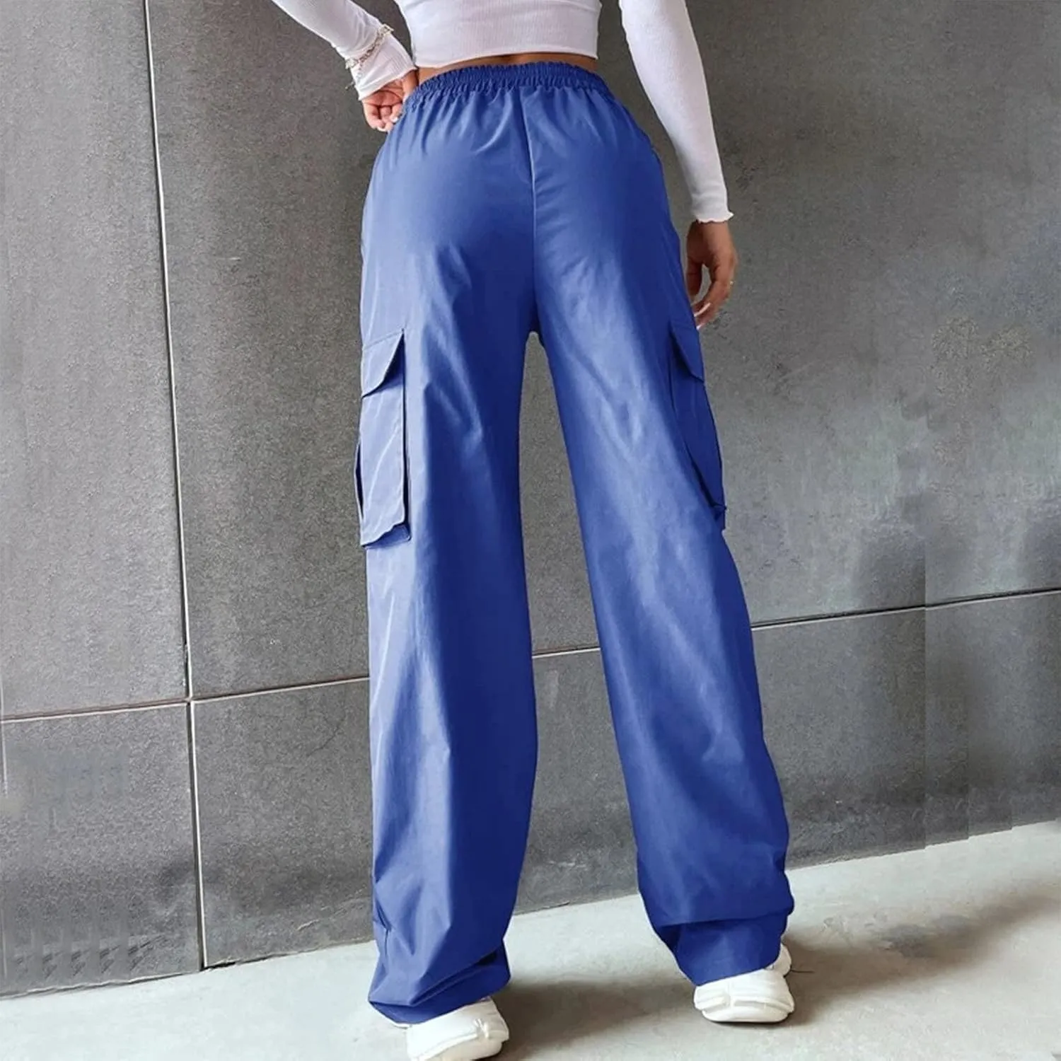 Women's Belt Less High Waisted Wide Leg Trousers Straight Leg Relaxed Style Casual Pants Ladies Slim Fit Cargo