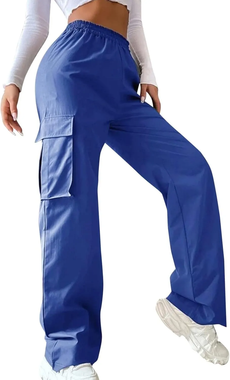 Women's Belt Less High Waisted Wide Leg Trousers Straight Leg Relaxed Style Casual Pants Ladies Slim Fit Cargo