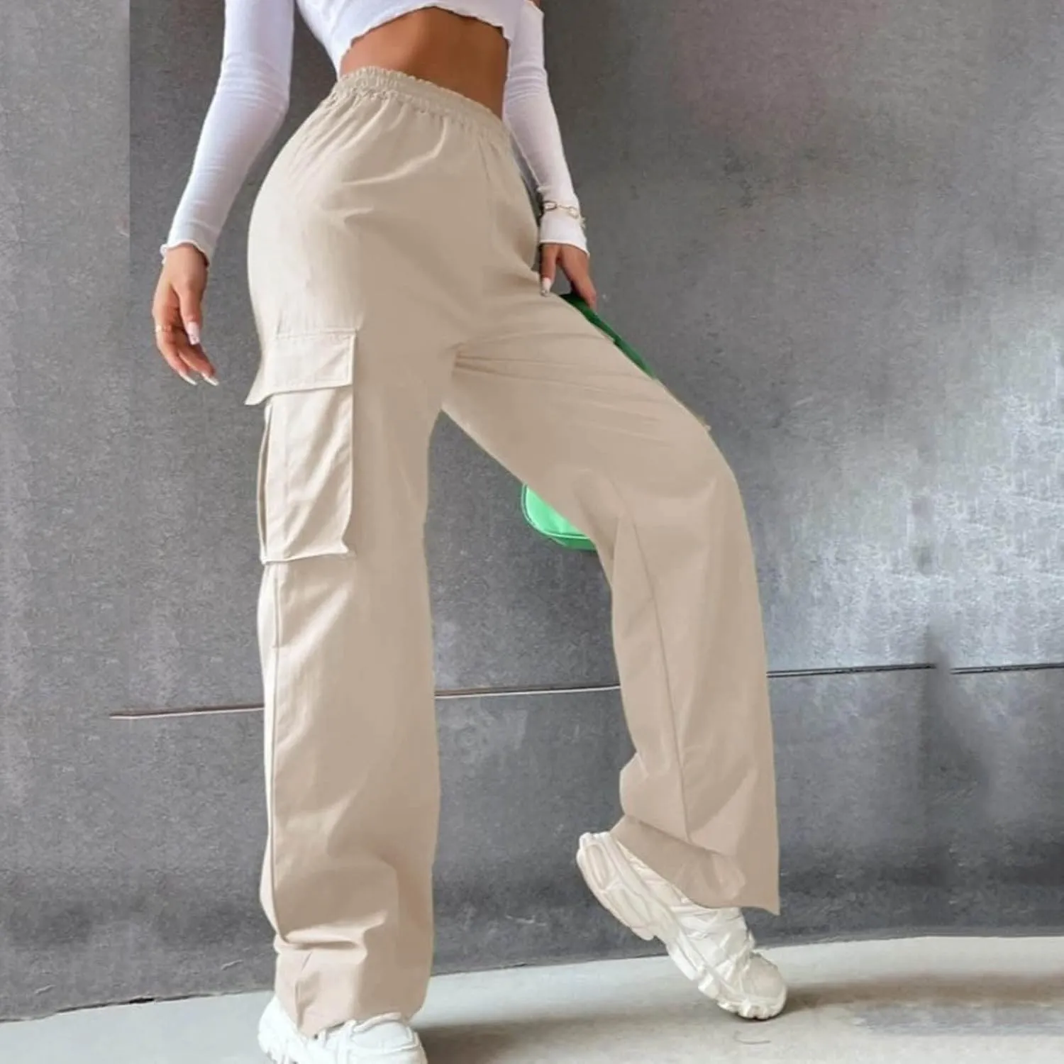 Women's Belt Less High Waisted Wide Leg Trousers Straight Leg Relaxed Style Trousers Casual Trousers Yoga Work