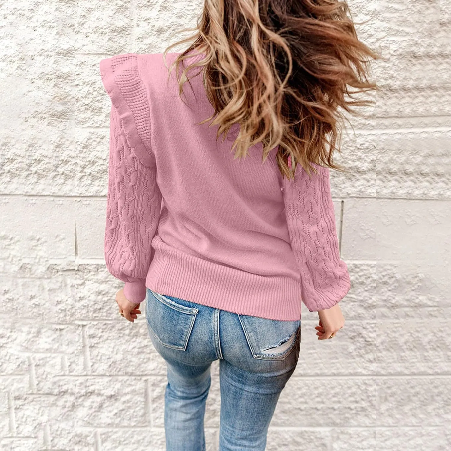 Womens Cable Knit Sweaters Fashion Crewneck Long Sleeve Chunky Jumper Tops Soft Cute Loose Casual Fall Pullover Shirt