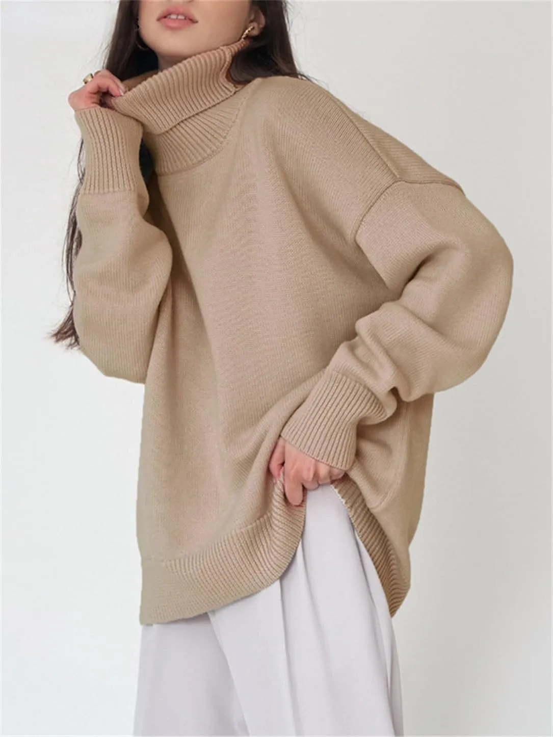 Women's Casual Turtleneck Oversize Sweater Soft Thick Warm Knitted Basic Pullover Sweaters