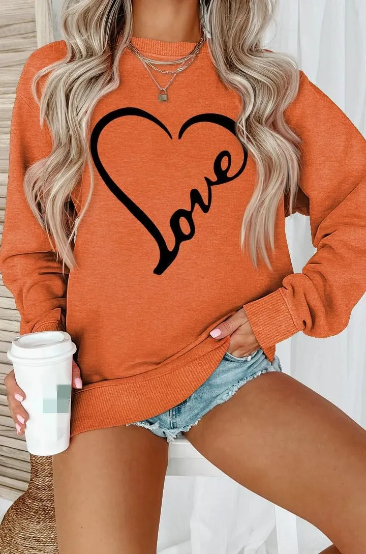 Womens Crewneck Sweatshirts Valentine's Day Sweatshirt Love Graphic Print Shirt Casual Heart Long Sleeve Pullover Tops