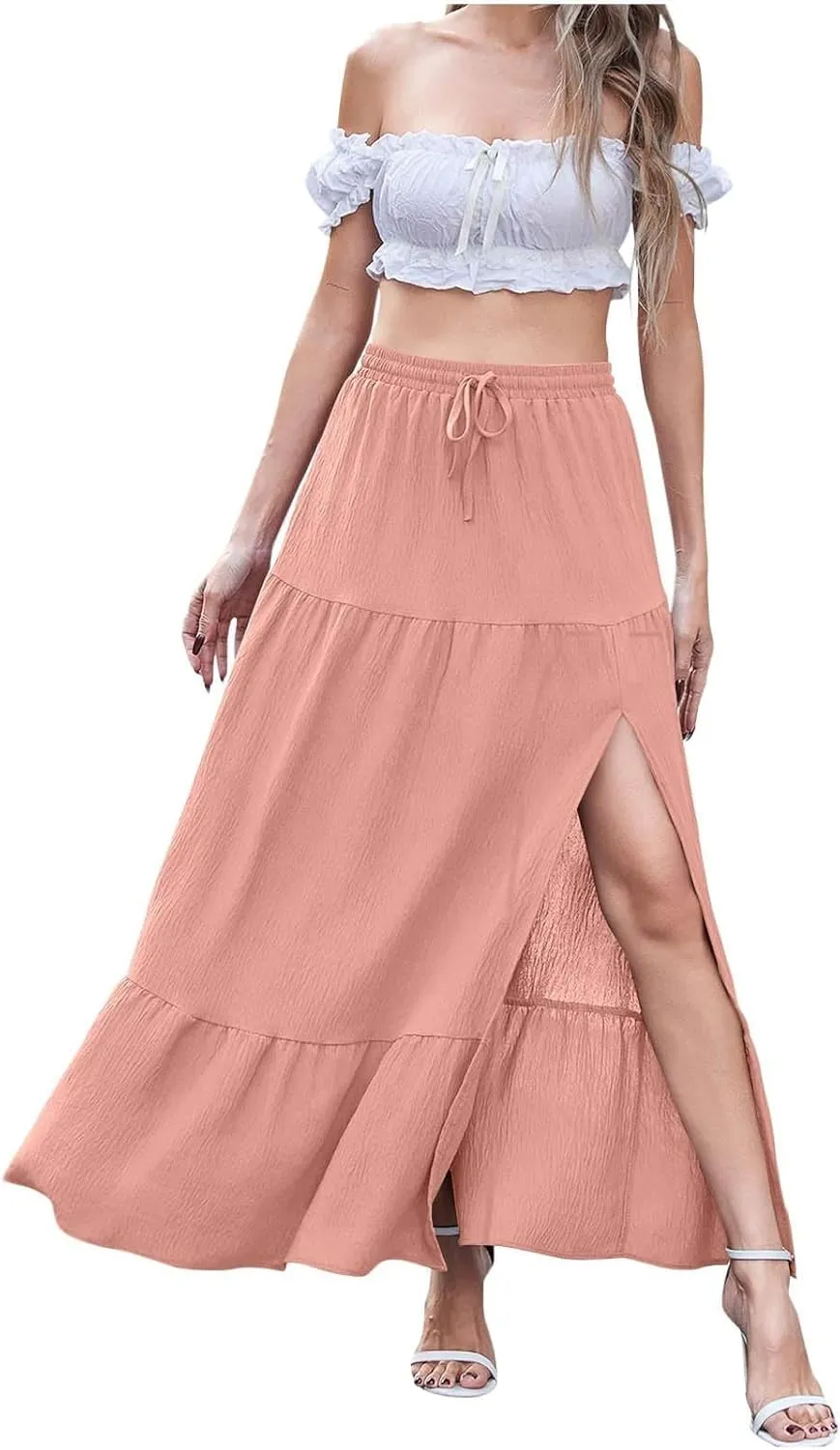 Women's High Elastic Waist Ruffle Tiered High Split Drawstring Flowy Vacation Beach Summer A-Line Maxi Skirt