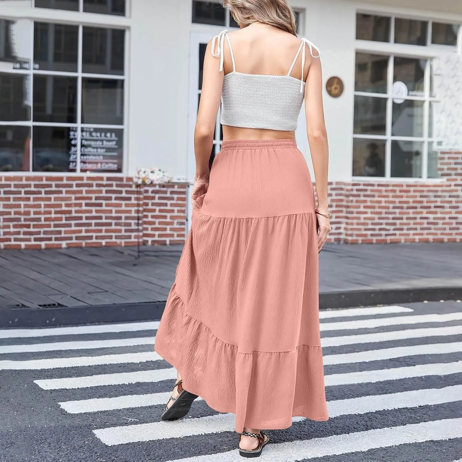 Women's High Elastic Waist Ruffle Tiered High Split Drawstring Flowy Vacation Beach Summer A-Line Maxi Skirt