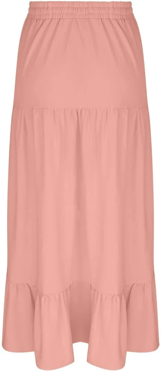 Women's High Elastic Waist Ruffle Tiered High Split Drawstring Flowy Vacation Beach Summer A-Line Maxi Skirt
