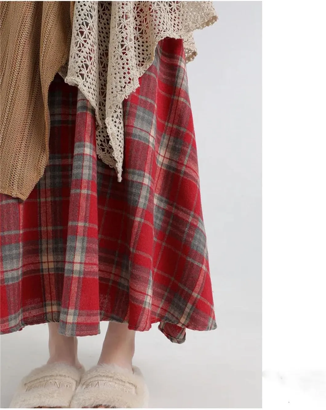 Women's High Waist Splice Maxi Skirts Block Plaid Cotton Winter Style Irregular Vintage Skirts