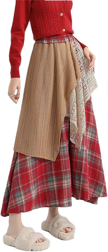 Women's High Waist Splice Maxi Skirts Block Plaid Cotton Winter Style Irregular Vintage Skirts
