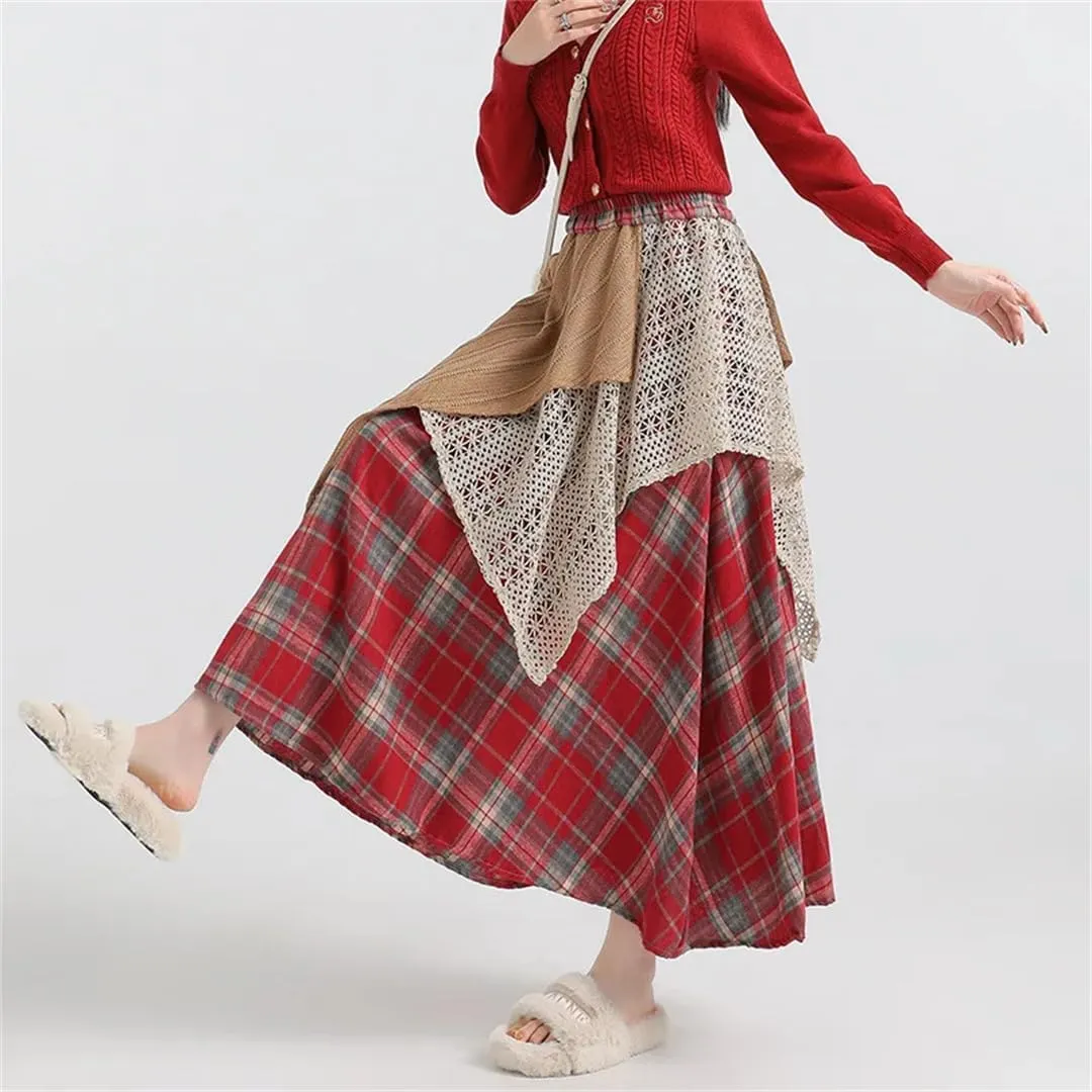 Women's High Waist Splice Maxi Skirts Block Plaid Cotton Winter Style Irregular Vintage Skirts