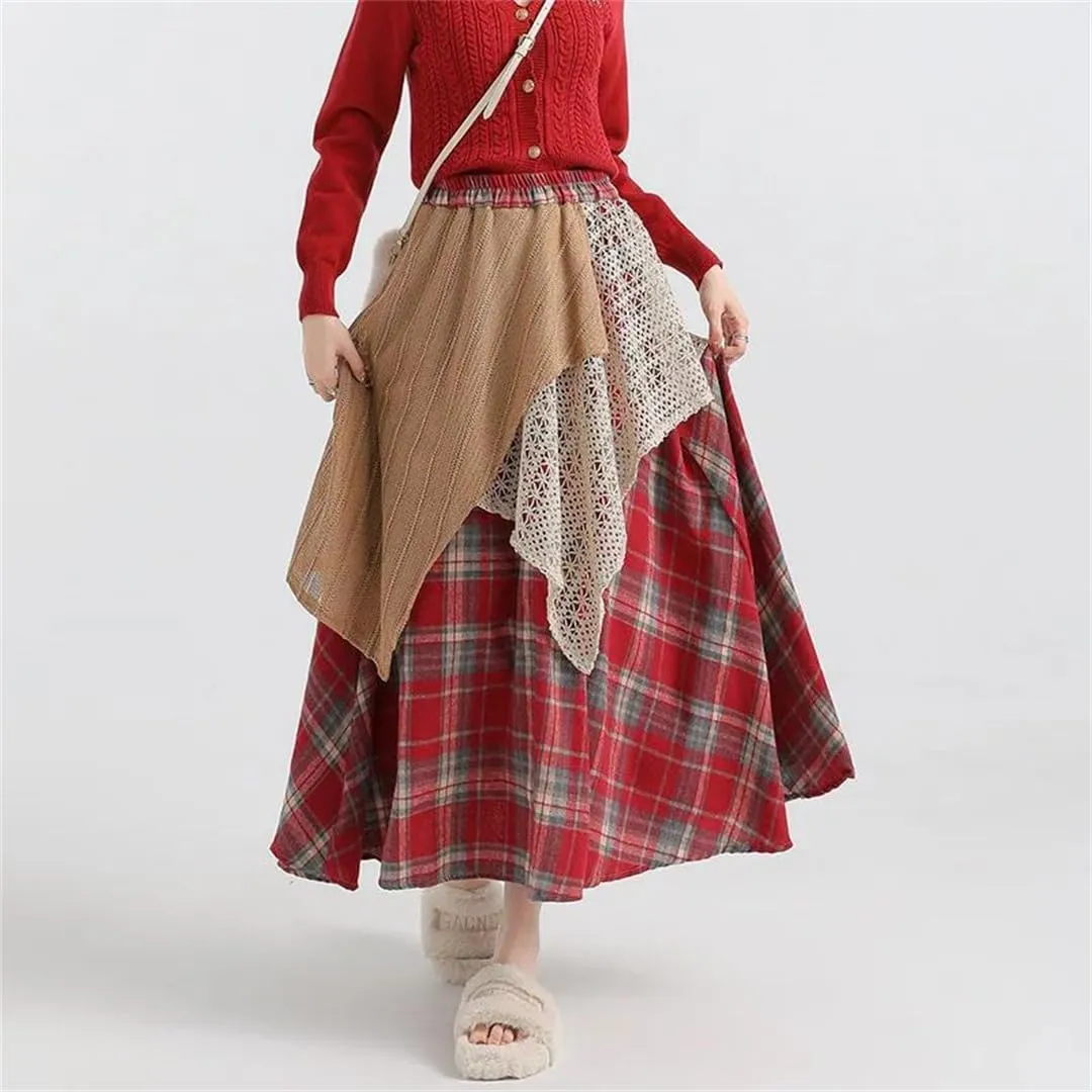Women's High Waist Splice Maxi Skirts Block Plaid Cotton Winter Style Irregular Vintage Skirts