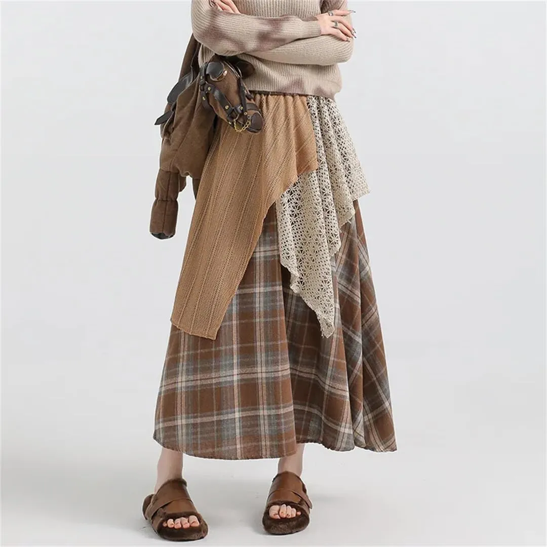 Women's High Waist Splice Maxi Skirts Block Plaid Cotton Winter Style Irregular Vintage Skirts