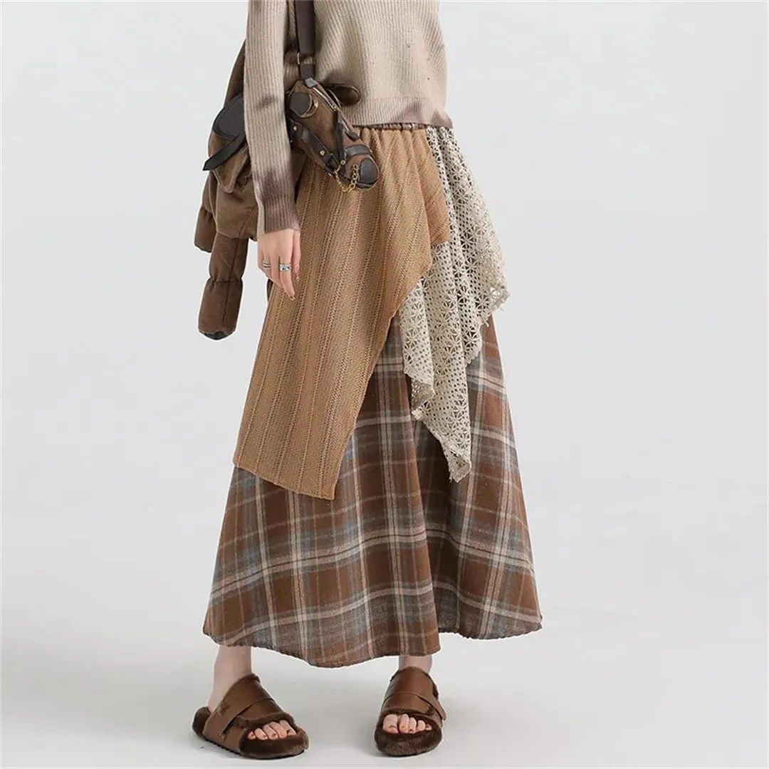 Women's High Waist Splice Maxi Skirts Block Plaid Cotton Winter Style Irregular Vintage Skirts