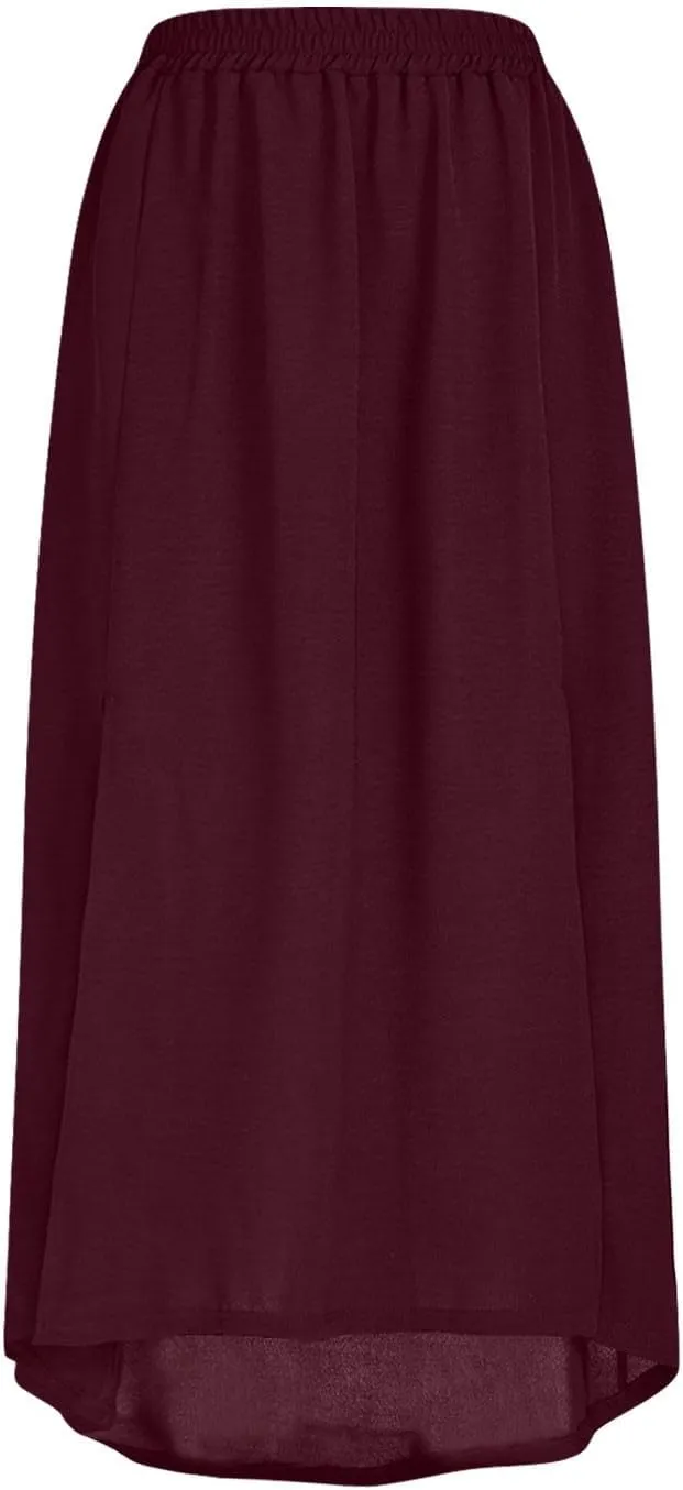 Womens Maxi Skirt Casual Flowy Split Ruffle High Low Beach Mini Skirts Elastic High Waist Pleated A Line Long Skirts