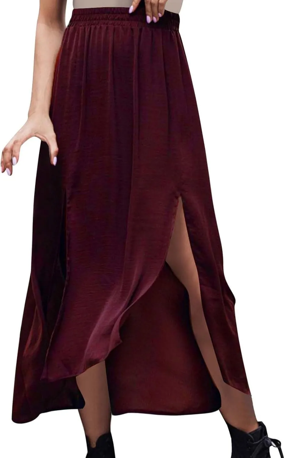 Womens Maxi Skirt Casual Flowy Split Ruffle High Low Beach Mini Skirts Elastic High Waist Pleated A Line Long Skirts