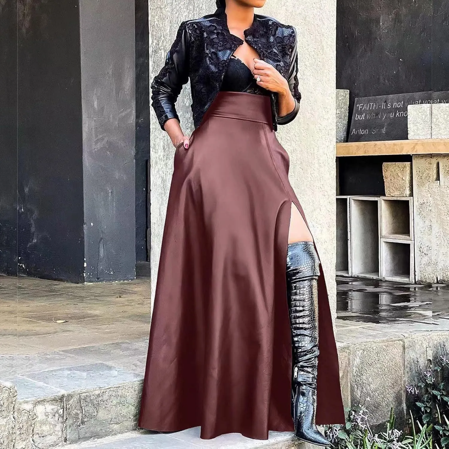 Womens Maxi Skirt Long Tummy Control High Elastic Waist PU Leather Trendy High Split Skirts for Party Fashion Clubwear