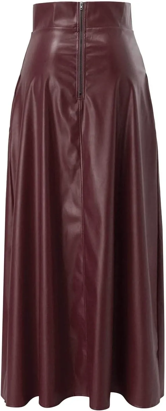 Womens Maxi Skirt Long Tummy Control High Elastic Waist PU Leather Trendy High Split Skirts for Party Fashion Clubwear