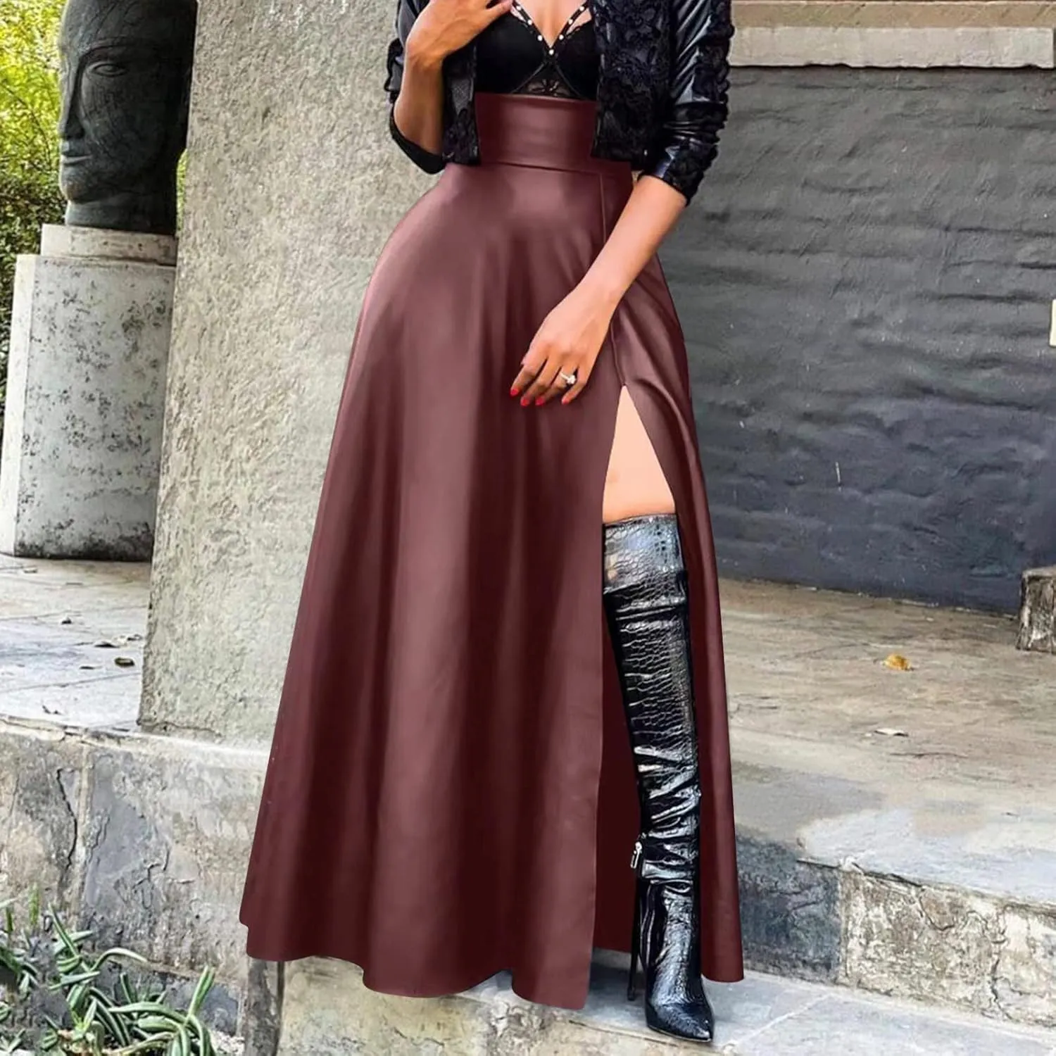 Womens Maxi Skirt Long Tummy Control High Elastic Waist PU Leather Trendy High Split Skirts for Party Fashion Clubwear