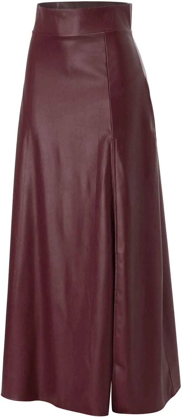 Womens Maxi Skirt Long Tummy Control High Elastic Waist PU Leather Trendy High Split Skirts for Party Fashion Clubwear