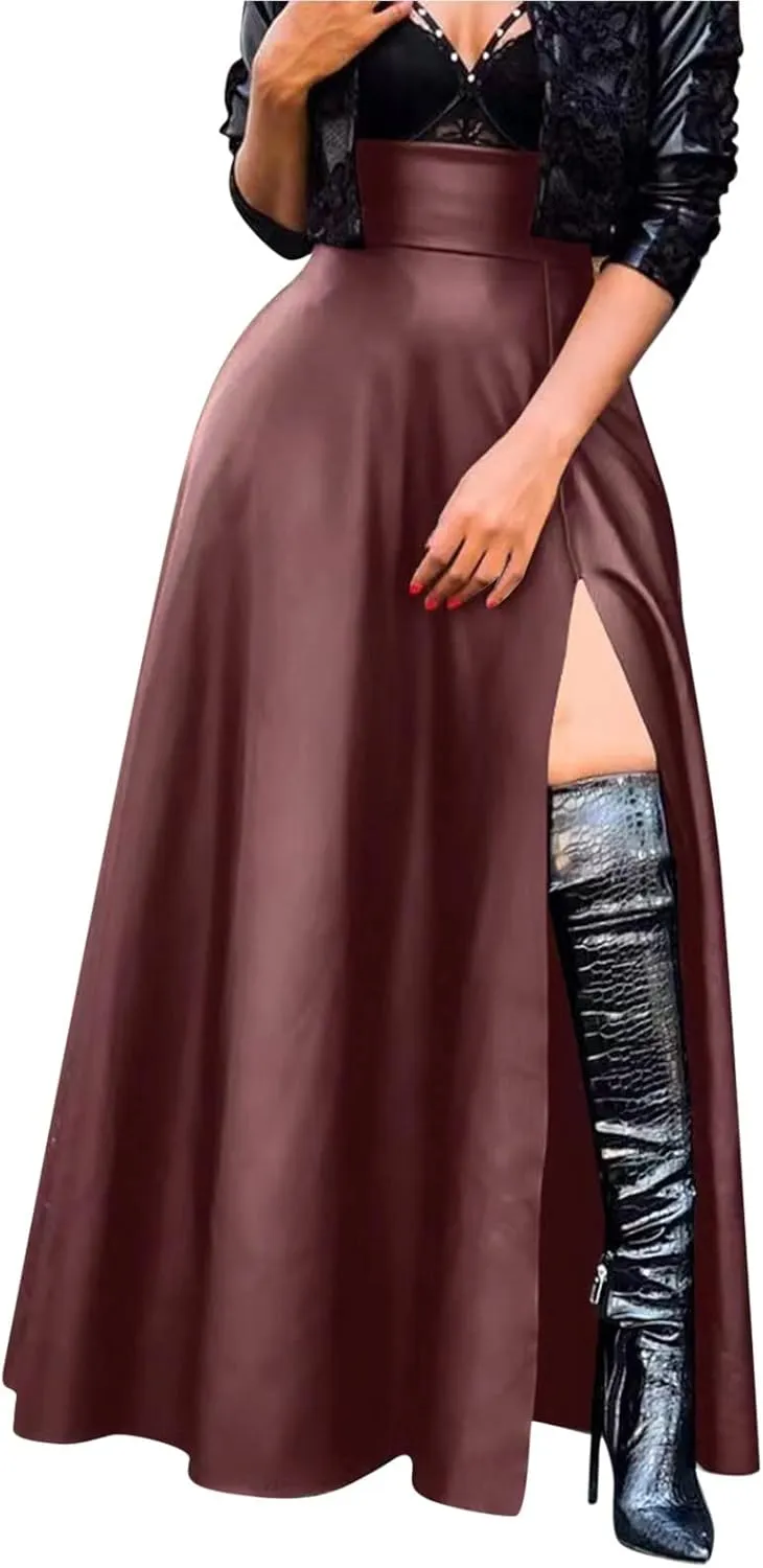 Womens Maxi Skirt Long Tummy Control High Elastic Waist PU Leather Trendy High Split Skirts for Party Fashion Clubwear