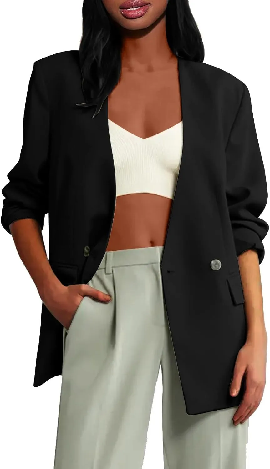 Women's Open Front Cardigan Jacket Work Office Blazer Long Sleeve Boyfriend Streetwear Jackets with Padd Shoulder