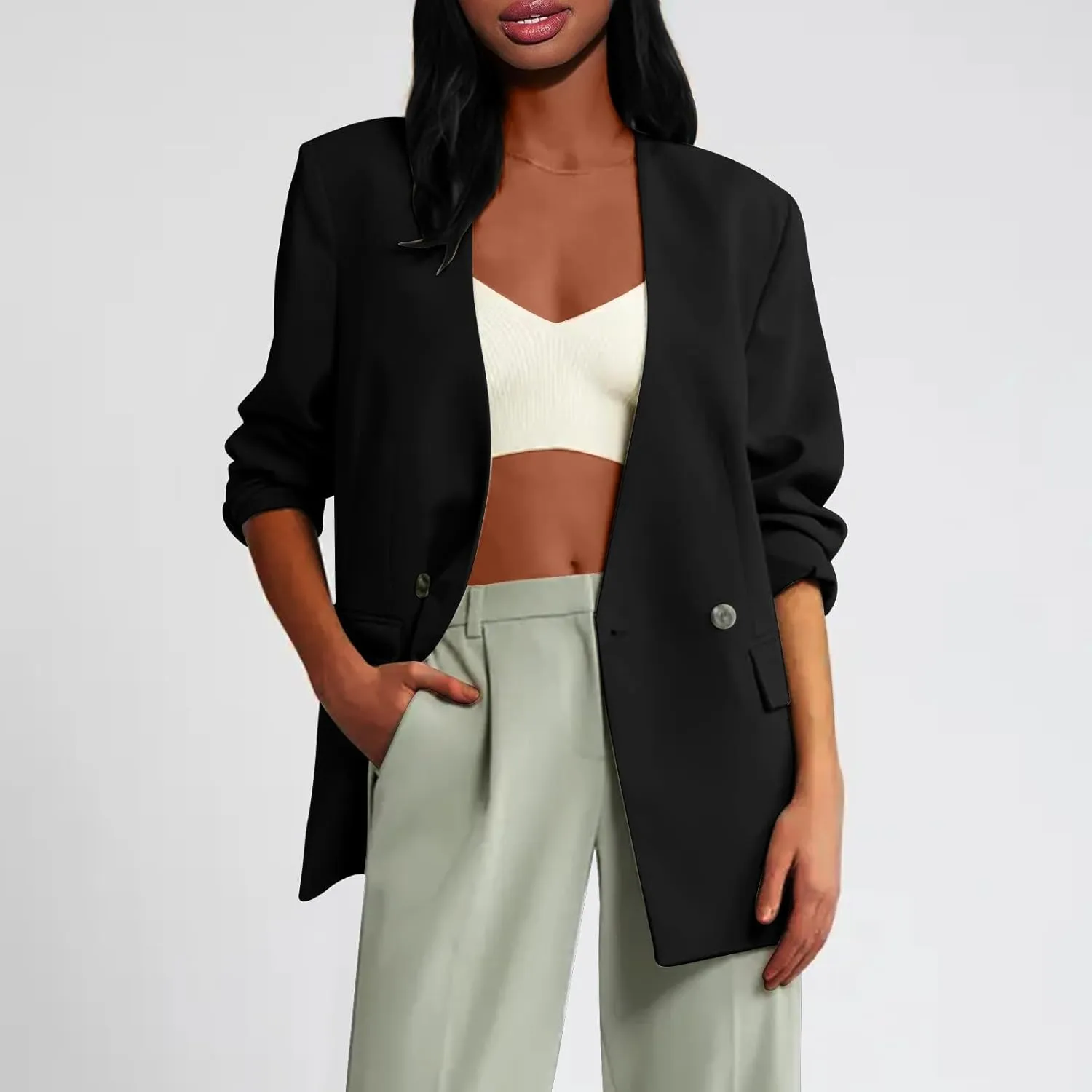 Women's Open Front Cardigan Jacket Work Office Blazer Long Sleeve Boyfriend Streetwear Jackets with Padd Shoulder