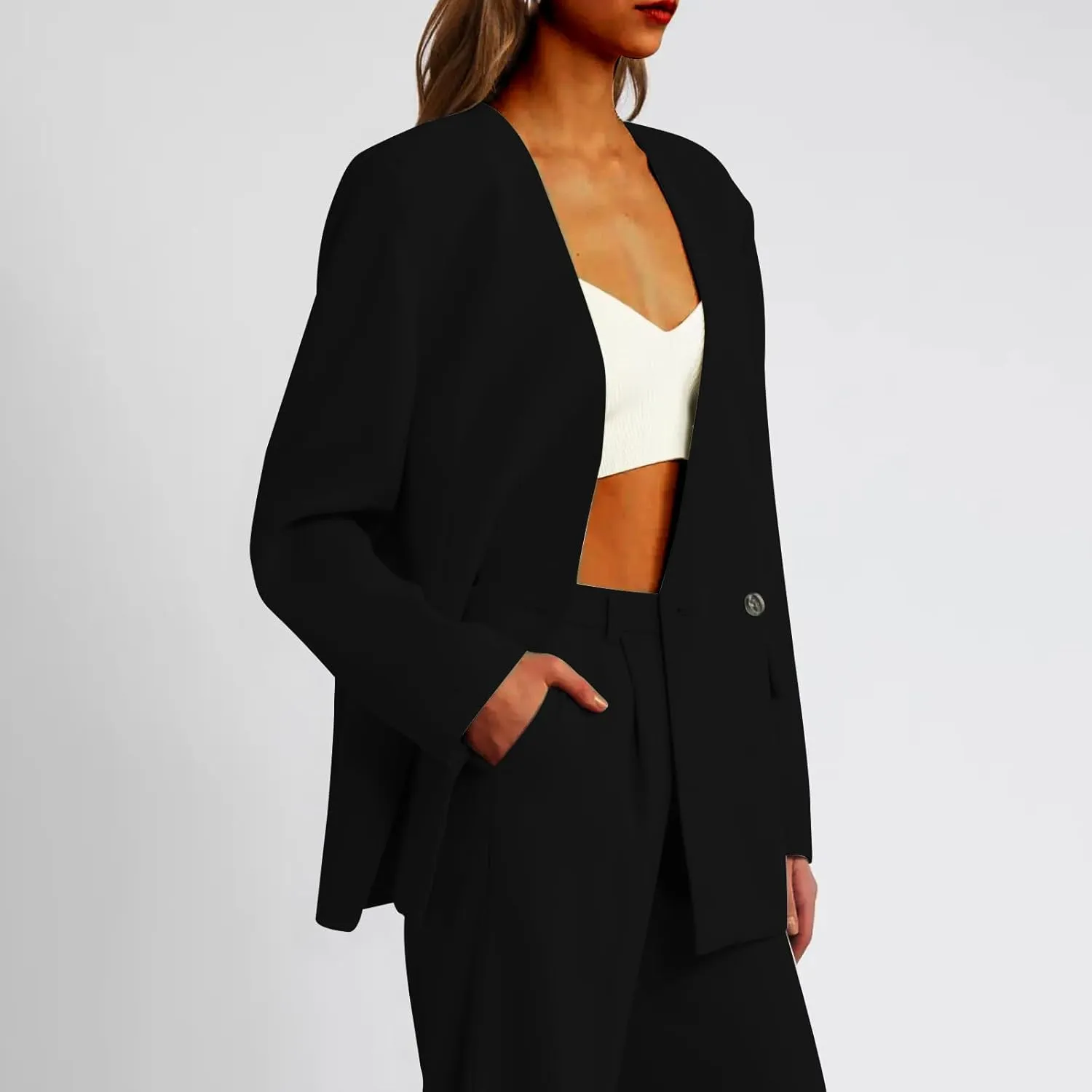 Women's Open Front Cardigan Jacket Work Office Blazer Long Sleeve Boyfriend Streetwear Jackets with Padd Shoulder